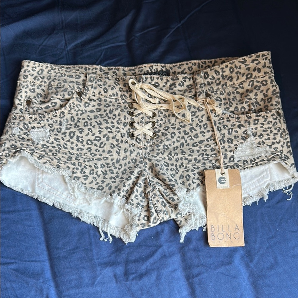 Billabong Tan and Black Jean Shorts with Distressed Hem
